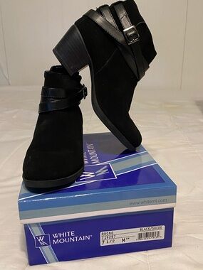White Mountain Black Suede Ankle Booties with Strap and Buckle
